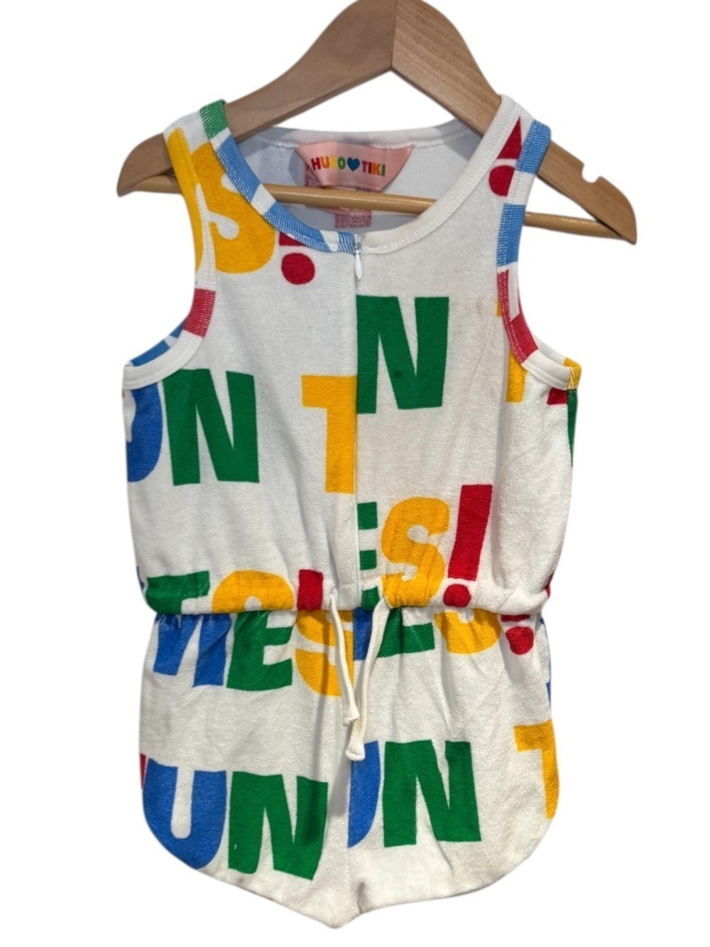 HUGO LOVES TIKI white/red/yellow/green/blue toweling/terry cloth romper - size 6